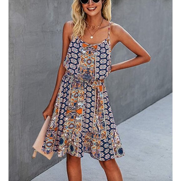 Navy Blue Boho Tribal Printed Belted Ruffle A-Line Sleeveless Blouson Mini Dress - Picture 2 of 6